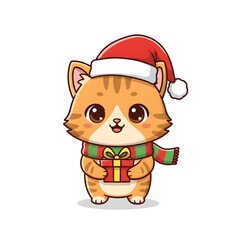 Cute Christmas Cat with Santa Hat and Gift Box Mascot Illustration
