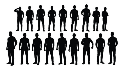 Collection of male silhouettes in various poses isolated on white background, Vector