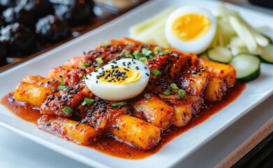 Plate of spicy rice cakes covered in red sauce with a halved boiled egg topped with black sesame seeds and green onions, accompanied by sliced cucumber and another halved boiled egg
