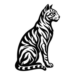 Obraz premium Stylized black and white tiger striped cat sitting in profile with detailed fur pattern