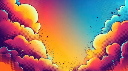 Bright colorful stylized clouds against a vibrant sky background with orange, yellow, pink, and blue tones conveying a lively and energetic mood
