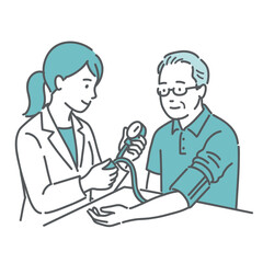 医療従事者による高齢男性の血圧測定イラスト