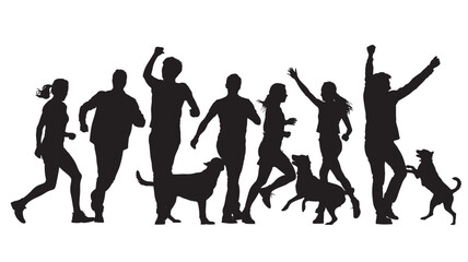 Obraz premium Silhouette of people running with dogs vector illustration of active lifestyle perfect for sport and fitness designs
