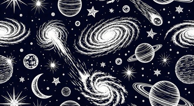 Black and white hand drawn space cosmos seamless pattern with planets stars and galaxies graphic art suitable for textile design wrapping paper and astronomy enthusiasts wallpaper.