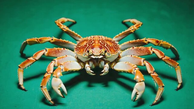 A crab with many legs and claws is centered on a green surface casting a dark shadow beneath it crab green screen video