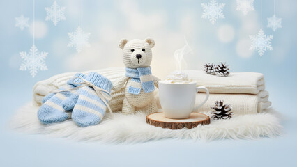 Cozy winter scene with warm drink, teddy bear, soft mittens, and snuggly sweater stack