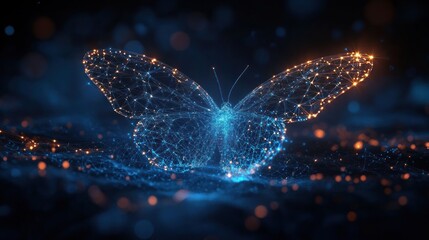 Glowing digital butterfly made of interconnected blue and orange light nodes and lines against a dark blurred background evoking technology and nature fusion