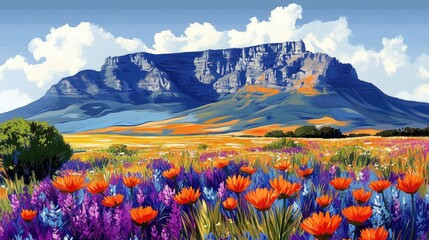 Vibrant wildflower meadow with bright orange and purple flowers under a blue sky with clouds and a large rocky mountain in the background
