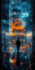 Fototapeta premium Silhouette of a person standing inside a tall glass building overlooking a cityscape filled with glowing orange lights during dusk, creating a futuristic and reflective atmosphere