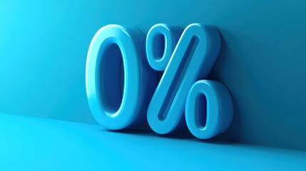 Large glossy blue three-dimensional zero percent symbol set against a matching bright blue background conveying concept of zero or none