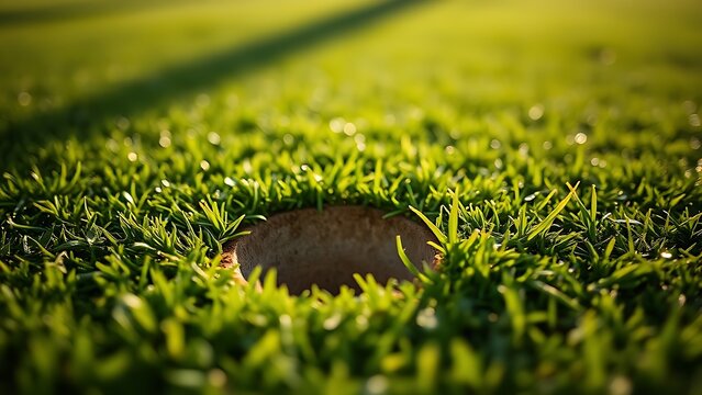 tennessine. Fresh divot mark on golf course turf with upturned grass and morning dew. real-estate listings, architecture portfolios, designed for interior renovation comparisons for interiors.