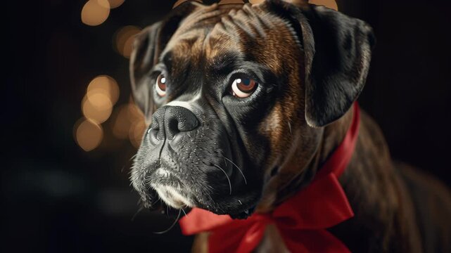 A brown and black dog with a red ribbon around its neck. The dog has a serious expression on its face. Boxer with small red festive bow, soft cozy lighting