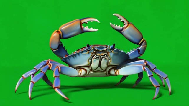 Blue crab with raised claws on a green background in a cartoon style digital illustration crab green screen video