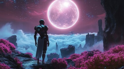 A futuristic robotic figure stands on a rocky path surrounded by vibrant pink vegetation, gazing at a large glowing moon above a cloudy extraterrestrial landscape