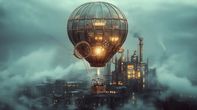 Steampunk Airship Soars Above Industrial Cityscape at Dusk.