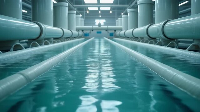 A long, narrow industrial facility with parallel water channels and overhead piping systems.