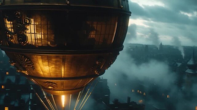 Steampunk Hot Air Balloon Soaring Over a Misty Industrial Cityscape at Dusk.