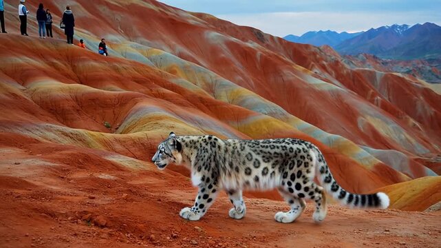 Snow leopard on colorful mountain landscape