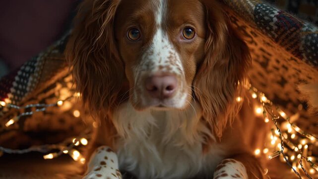 A dog is laying on the floor with its head under a blanket. The dog appears to be looking up at the camera. Brittany Spaniel in cozy corner with warm fairy lights