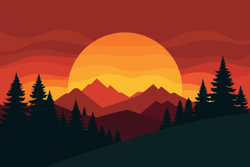 Obraz premium Sunset Vector Landscape with Pine Silhouettes