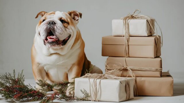 A large dog is sitting in front of a stack of brown boxes. The dog is surrounded by greenery, which adds a festive touch to the scene. Bulldog beside wrapped gifts, clean neutral holiday scene