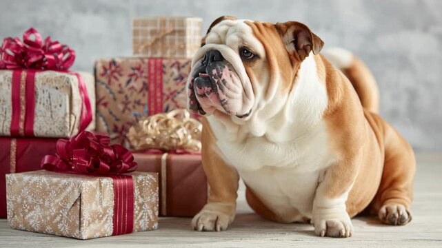 A large brown and white dog is sitting in front of a stack of presents. The dog appears to be looking at the camera. Bulldog beside wrapped gifts, clean neutral holiday scene