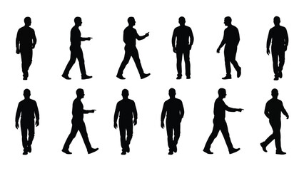 Male silhouettes walking and pointing isolated on white background, Vector