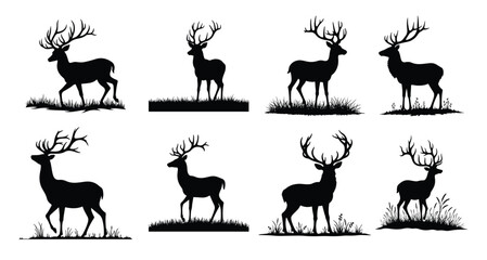 Collection of black deer silhouettes with antlers on white background