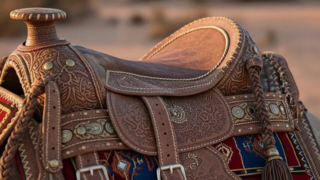 Intricate Leather Camel Saddle with Detailed Ornamentation, Highlighting Craftsmanship for Rajasthan Festivals and Tourism