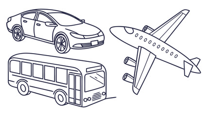 Collection of hand drawn transportation vehicles including a car bus and airplane