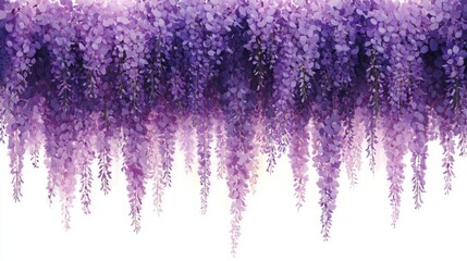 dense cascade of purple and lavender wisteria flowers hanging down gracefully against a white background conveying calm and beauty
