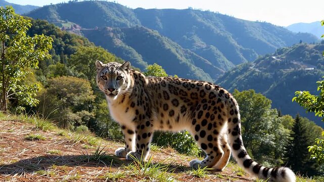 Snow leopard in mountainous terrain