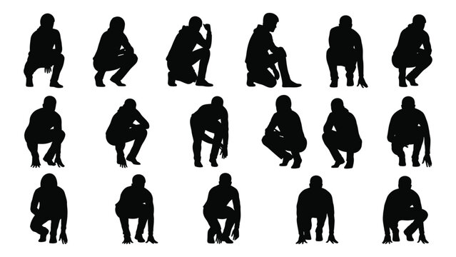 Squatting and crouching human silhouettes collection isolated on white background, Vector