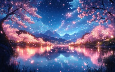 Serene night landscape with glowing pink cherry blossom trees surrounding a calm reflective river under a starry sky with distant mountains