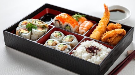 Japanese Bento Box Lunch With Sushi Rice And Tempura Seafood Presented In Black Container