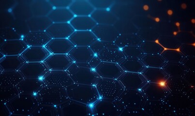 Abstract digital hexagonal grid glowing with blue and orange light points on a dark background conveying technology and futuristic network