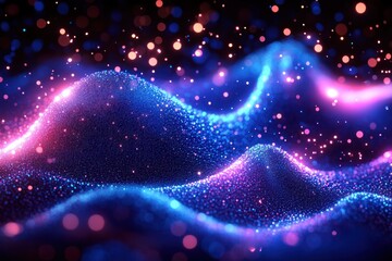 Abstract visualization of glowing neon blue and pink particles forming wave-like hills with a sparkling, dynamic and futuristic atmosphere