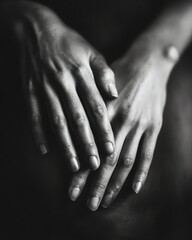 Gentle hands resting on a surface, symbolizing emotional grounding and tranquility, conveying peace and mindfulness in a serene setting.