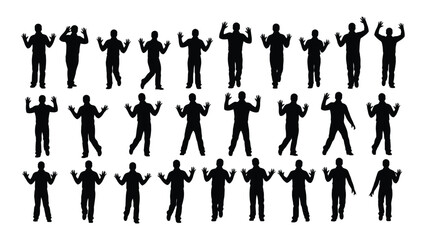 Collection of men silhouettes with raised hands isolated on white background, Vector