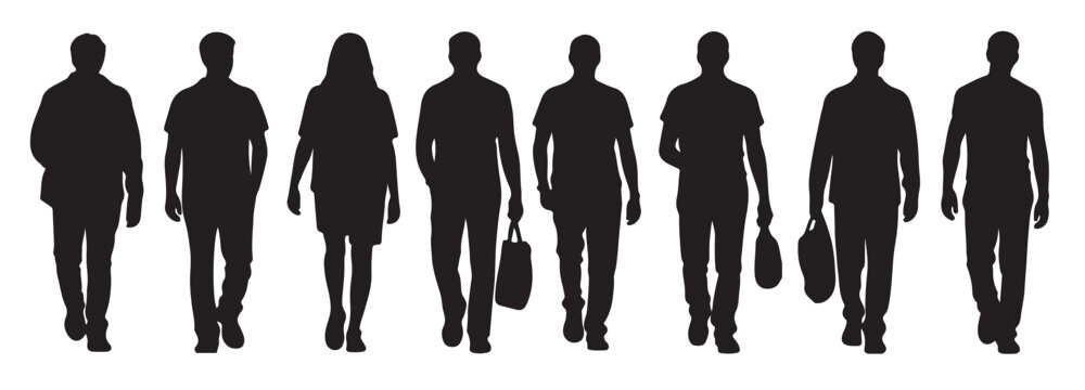 eight black silhouettes of people walking carrying bags some
