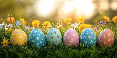 Colorful decorated Easter eggs with floral patterns arranged on grass among vibrant yellow and purple flowers with warm sunlight background