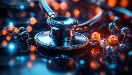 Close-up of a shiny metallic stethoscope with glowing molecular structures around, symbolizing health, medicine, and advanced medical technology in a futuristic setting