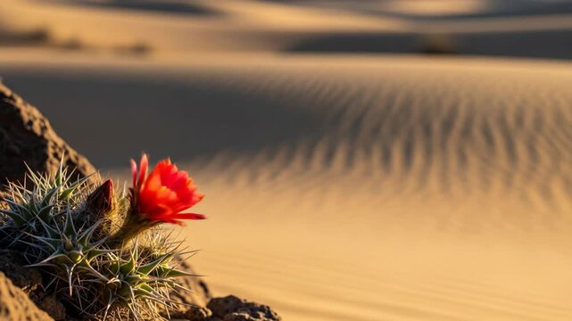 Vibrant Desert Bloom Red Cactus Flower Against Rolling Dunes, Bikaner Camel Festival Landscape Backdrop