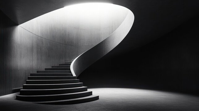 elegant curved spiral staircase illuminated by soft natural light from large circular opening in dark minimalist interior