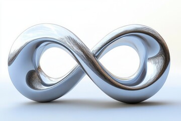 shiny metallic silver twisted infinity loop sculpture with smooth reflective surface on light background