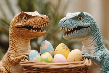Two smiling dinosaur figures holding a basket filled with colorful decorated Easter eggs with floral and dotted patterns