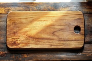 Wooden rectangular cutting board with rounded edges and a circular hole on a dark wooden surface with natural light and shadows