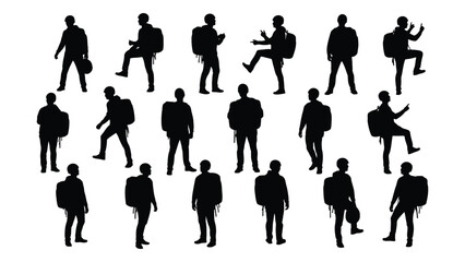 Diverse backpacker silhouettes isolated on white background, Vector