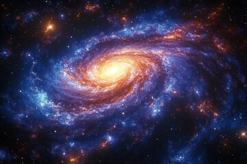 Spiral galaxy glowing with bright yellow core surrounded by swirling blue and purple star clusters against the dark space background