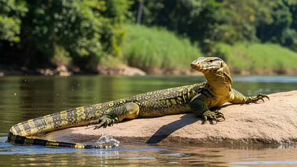 Vibrant yellow water monitor lizard basking on river rock with tail splashing water